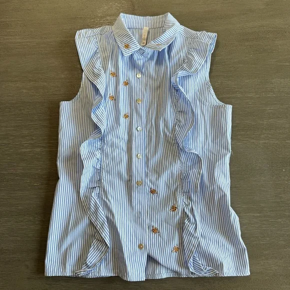 Bee Embroidered Sleeveless Button Down Blouse Ruffle Blue White Sybilla S - Picture 1 of 9